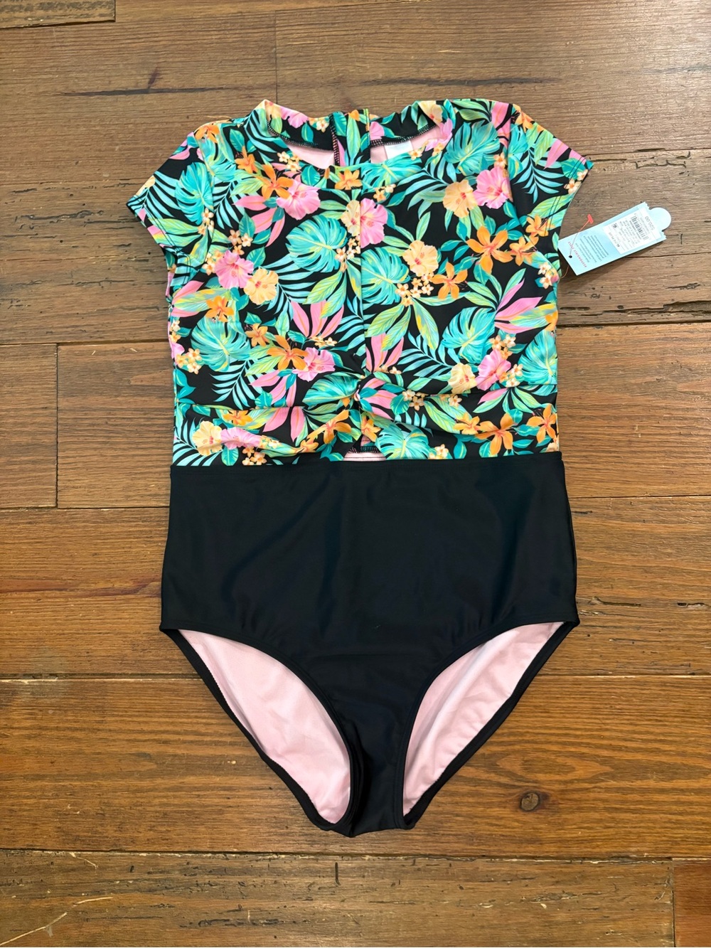 Cat & Jack Black One-Piece Swimsuit with Vibrant Floral Top